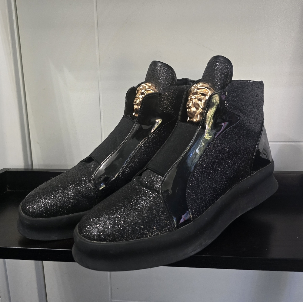 Cabuncci Black Glitter High-Top Sneakers with Gold Accent Sz 43